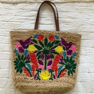 Boden Colorful Embroidered Straw Tote